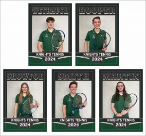 Five members of the  Knights tennis teams post for banner. They are wearing team shirts.
