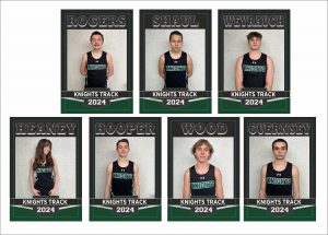 Seven members of the Knights track team post for banner. They are wearing team shirts.
