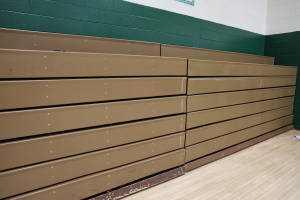 Folded up bleachers at elementary school,