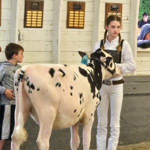 Teen and child showing a cow.
