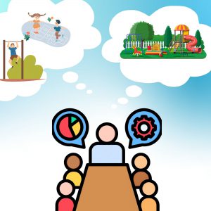 Illustration with icons of humans sitting around a table and ideas for playground illustrated in cloud thought bubbles.