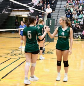 Two volleyball players in Middleburgh uniforms give each other a high five.