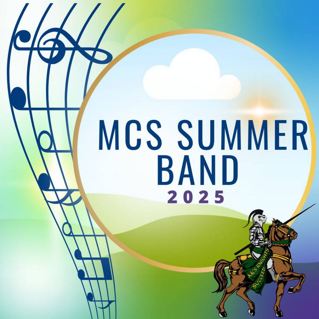 Musical notes. MCS Summer Band Knight on horse.