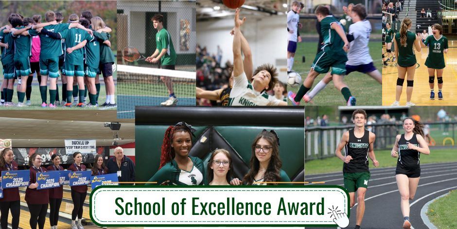 School of Excellence Award collage featuring studdents wearing uniforms and engaging in fall, winter and spring sports activities.