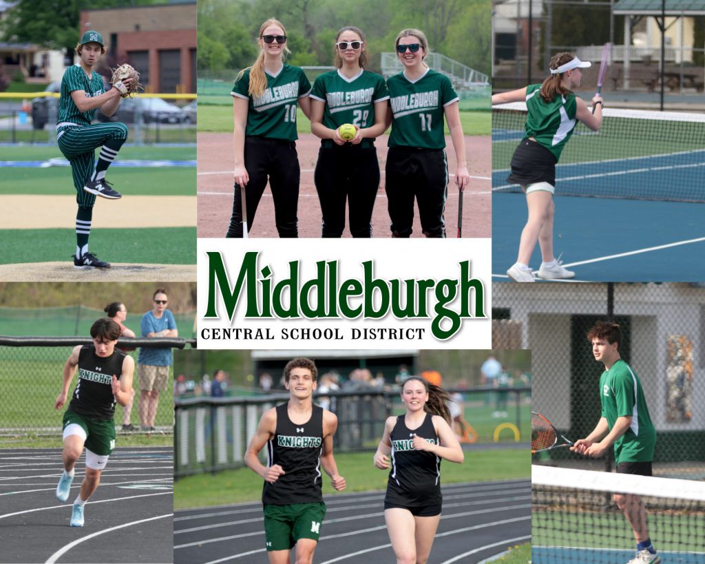 College of students wearing Middleburgh uniforms and playing softball, baseball and tennis and engaging in track and field events.