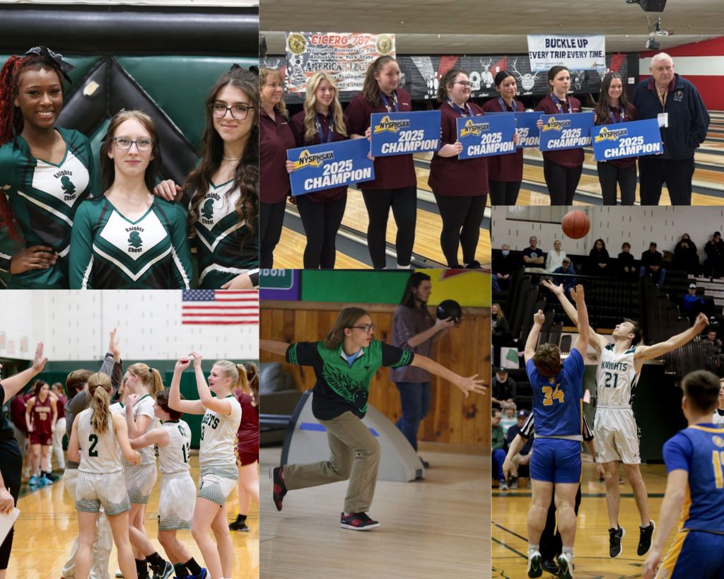 Collage of Middleburgh basketball, cheerleading and bowling team members.