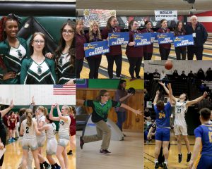 Collage of Middleburgh basketball, cheerleading and bowling team members.