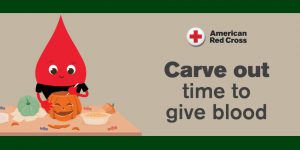 Blood droplet carving a pumpkin. American Red Cross. Carve out time to give blood.