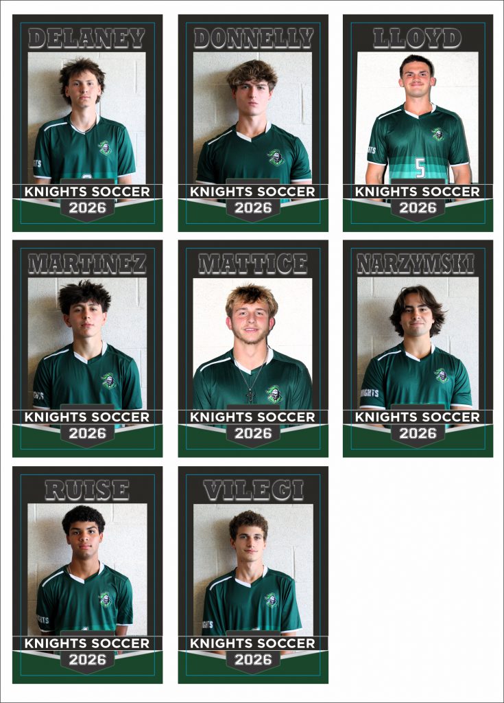 Eight tiles featuring senior members of the 2026 Knights soccer team. The members include: Delaney, Donnelly, Lloyd, Martinez, Mattice, Narzymski, Ruise, Velegi