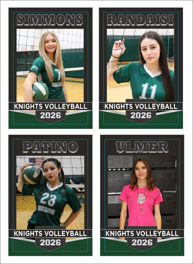 Four tiles featuring senior members of the 2026 Knights volleyball team. The members include: Simmons, Randaisi, Patino and Ulmer.