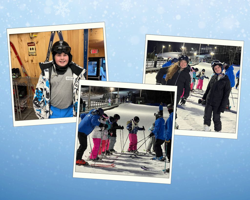 Collage of students at ski resort dressed for the season, taking a lesson and ready to ski.
