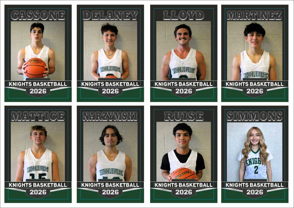 Eight individual sports banners arranged in two rows, each showing a student wearing a Middleburgh Knights basketball uniform—mostly white jerseys, with one green. Each banner displays the student’s last name at the top and “Knights Basketball 2026” at the bottom. The names shown are Cassone, Delaney, Lloyd, Martinez, Mattice, Nerzyski, Ruise, and Simmons.