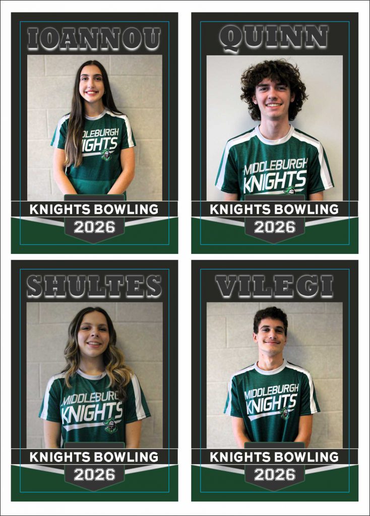 Four individual sports banners arranged in a grid, each showing a student in a green “Middleburgh Knights” bowling jersey. Each banner displays the student’s last name at the top and “Knights Bowling 2026” at the bottom. The names shown are Ioannou, Quinn, Shultes, and Vilegi.