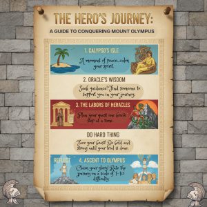 An educational poster titled "The Hero's Journey: A Guide to Conquering Mount Olympus" presented on a weathered scroll against a stone wall.