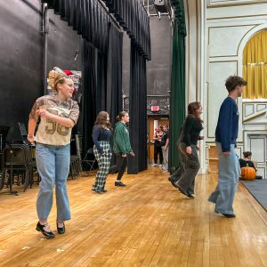 A line of people rehearse onstage, each stepping or turning in different directions. The stage curtains, backstage area, and part of the auditorium architecture are visible around them.