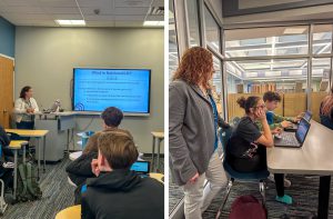 Two images of teachers educating students in a classroom setting.