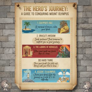 An educational poster titled "The Hero's Journey: A Guide to Conquering Mount Olympus" presented on a weathered scroll against a stone wall.
