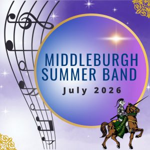 Musical notes on a scale. Middleburgh Summer Band 2026. Sunset. Knight on horse. MCS Knights Succeed.