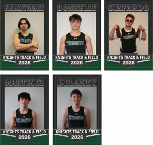 Five Knights Track & Field athlete profile graphics for 2026. Each vertical poster features a student athlete in a black “Knights” uniform against a neutral background, with last names displayed at the top: Narzymski, Donnelly, Ciafardo, Martinez, and Delaney. One athlete is posed with arms crossed, one faces forward, one holds a pair of track spikes, and two are shown in simple portrait poses. Each design includes a bold banner reading “Knights Track & Field 2026” at the bottom in green, black, and silver colors.