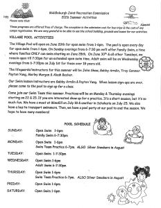 
Middleburgh Joint Recreation Commission
Page 1 – Pool Activities and Weekly Schedule
Programs are primarily free, with possible costs only for bus trips and camp registrations. The district provides access to school buildings, grounds, and buses. 
Village Pool Information:
Pool opens June 20, 2026 for open swim. 
Regular open swim hours: 1 to 6 p.m., daily. 
Family Swim: Sundays from 6 to 7:30 p.m., beginning June 28, 2026; limited to families only. 
Extended swim: Tuesdays open until 7:30 p.m., starting June 30, 2026. 
Adult swim: Wednesdays from 6 to 7:30 p.m., beginning July 1, 2026, for ages 18 and older. 
Staff and Instruction:
Lifeguards and instructors include John Shaw, Gabby Armlin, Troy Cammer, Payton Yung, Marley Morgan, and Aleah Becker. 
Swim lesson instructors: Gabby Armlin and Payton Yung; sign-up available at the pool after registration period closes. 
Swim Team:
Practices held Mondays and Thursdays, 6 to 7 p.m., starting June 22 and June 25, 2026. 
Swim meets scheduled:
July 18, 2026 at Mine Kill
July 25, 2026 in Schoharie 
Transportation provided by bus. End-of-season pool party planned. 

Weekly Pool Schedule:
Sunday: Open swim 1–6 p.m.; family swim 6–7:30 p.m.
Monday: Open swim 1–6 p.m.; swim team 6–7 p.m.; Silver Sneakers program in August
Tuesday: Open swim 1–7:30 p.m.
Wednesday: Open swim 1–6 p.m.; adult swim 6–7:30 p.m.
Thursday: Open swim 1–6 p.m.; swim team 6–7 p.m.; Silver Sneakers in August
Friday: Open swim 1–6 p.m.
Saturday: Open swim 1–6 p.m. 

Page 2 – Summer Programs, Concerts, and Contact Information
 Page outlines additional summer programs, meal service, concerts, and contact details.
Free Lunch Program:
Offered Monday through Friday in the elementary school cafeteria
Time: 12 to 1 p.m.
Sponsored by The Joshua Program 

Summer Recreation Programs:
Runs Tuesday, June 30 through Friday, July 31, 2026
Excludes Friday, July 3, 2026
Daily hours: 9:30 a.m. to 12:30 p.m., Monday through Friday 
Activities:
Arts and Crafts: Held in the high school gym lobby at Middleburgh Central School; counselors Kaelyn Wainwright and Brianna Devlin. 
Open Gym (outdoor this year): Due to renovations, activities take place on fields instead of indoors. Includes games such as kickball, basketball, soccer, and dodgeball. Counselors Ciara Armlin and John Shaw. Participants should wear sneakers. 

Tennis Lessons:
Held on Middleburgh Central School tennis courts
Instructor: Mr. France with counselors
Dates: Monday, June 29 through Friday, July 17, 2026, excluding July 3 
Daily schedule:
Beginners (Grade 4 and under): 8:30–9:30 a.m.
Intermediate (Grade 5 and up): 9:30–10:30 a.m.
Competitive: 10:30 a.m. to 12 p.m. 

Summer Band Concerts:
Held on four consecutive Fridays:
July 10, July 17, July 24, and July 31, 2026
Start time: 8 p.m.
Location: Middleburgh Central School lawn
Open to both student and adult musicians 
Rehearsals:
Thursdays before each concert at 6:30 p.m.
Dates: July 9, July 16, July 23, and July 30, 2026
Location: high school music room 
Additional details:
Ice cream social available at each concert
Attendees should bring chairs or blankets
Concerts will be canceled in case of bad weather due to building renovations 

Contact Information:
Contact person: Jean Cain
Phone: 518-827-4556
Email: 33momcain@midtel.net

