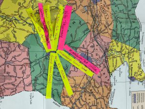A regional map is covered with colorful Post-it notes identifying Middleburgh-area businesses and landmarks, including Valley Pharmacy, Mrs. K's Kitchen, Grand Union, Central National Bank and Middleburgh Central School.