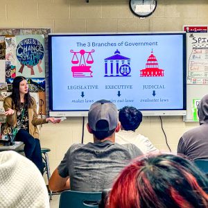 Students learn about the three branches of government during a Constitution Day activity as a classroom presentation explains the roles of the legislative, executive and judicial branches.