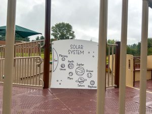 A playground activity panel displaying a diagram of the solar system is viewed through railings on a play structure. The panel labels the sun and planets, including Mercury, Venus, Earth, Mars, Jupiter, Saturn, Uranus and Neptune.